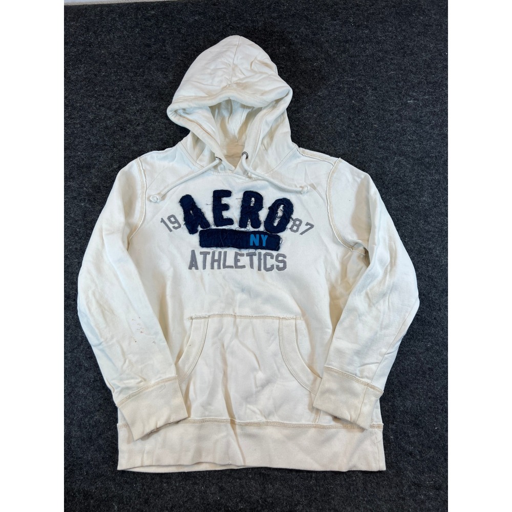 Vintage Aeropostale Athletics Hoodie Cream White Y2K Logo Pullover Mens Medium